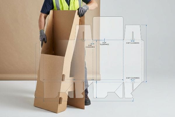 Assemblage d'un présentoir en carton ondulé brun, un ouvrier insérant des languettes, avec un calque de découpe indiquant un jeu de 0,04 pouce pour la zone tampon d'humidité.