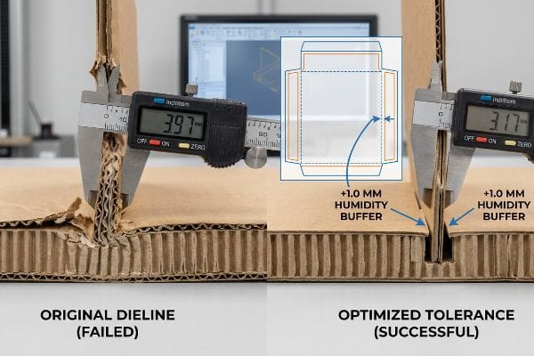 Digital caliper on corrugated board: 3.97 mm Original Dieline (Failed) vs. 3.17 mm Optimized Tolerance (Successful) with +1.0 mm Humidity Buffer.
