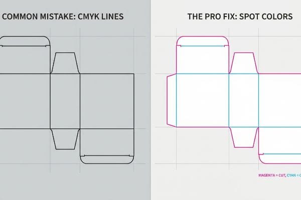 Comparación de troqueles para embalaje: Líneas CMYK de Common Mistake frente a colores directos Pro Fix, magenta para cortes, cian para pliegues.