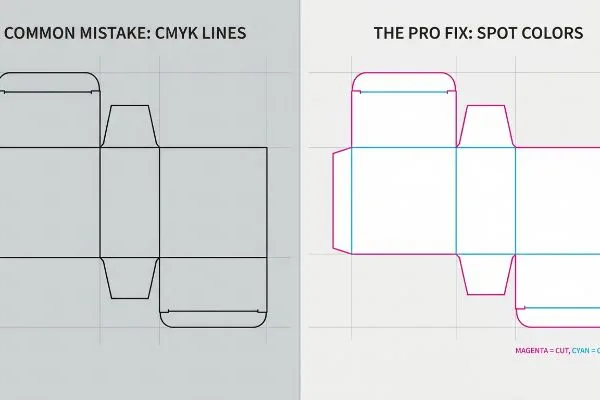 Packaging dieline comparison: Common Mistake CMYK Lines vs. The Pro Fix Spot Colors, Magenta for cuts, Cyan for creases.