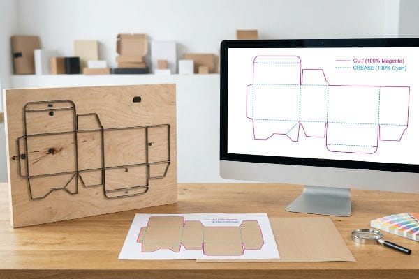 Wooden die-cut board and monitor displaying a dieline with Cut (100% Magenta) and Crease (100% Cyan) paths.