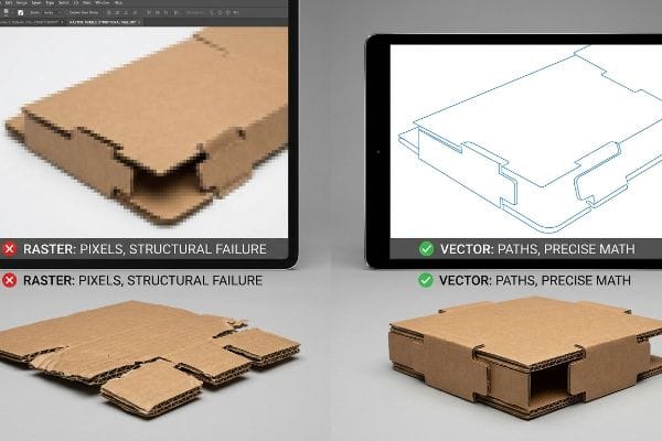 Brown corrugated cardboard comparison: pixelated Raster: Pixels, Structural Failure leads to a torn box, while precise Vector: Paths, Precise Math ensures perfect assembly.