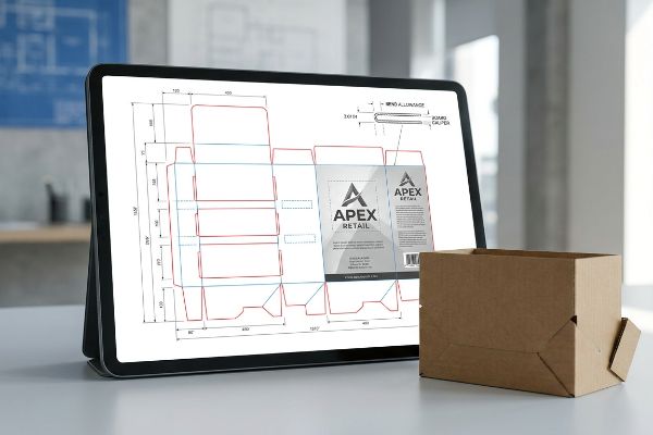 A tablet displays an Apex Retail dieline template with bend allowance and board caliper details, alongside a brown corrugated box.