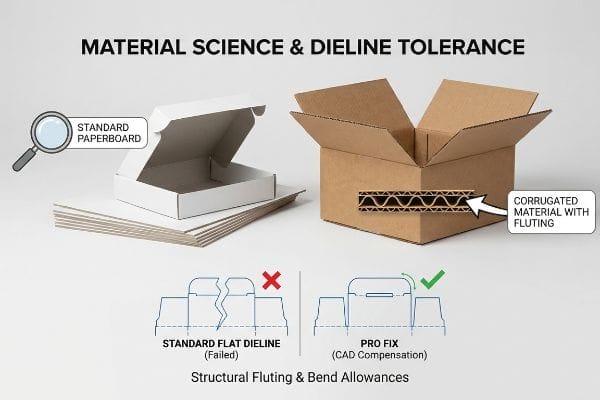 Material Science & Dieline Tolerance: Standard paperboard vs. corrugated material, showing failed flat dieline and Pro Fix CAD compensation.