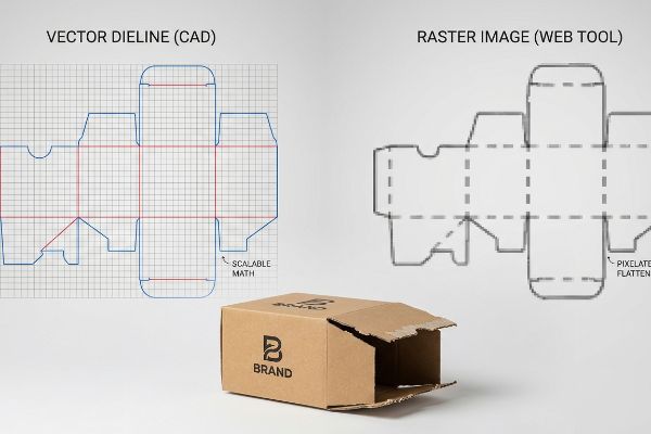 Vector Dieline (CAD) with Scalable Math contrasted with a Raster Image (Web Tool) showing Pixelated Flatten, next to a B Brand cardboard box.