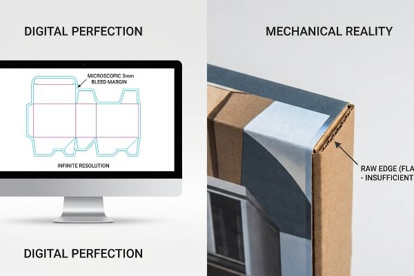 A split image contrasts Digital Perfection, a monitor displaying a box dieline with Microscopic 3mm Bleed Margin, against Mechanical Reality, showing a corrugated box corner with a Raw Edge due to insufficient bleed.
