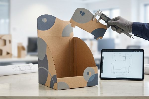 Gloved hand precisely measures a curved die-cut cardboard display with a digital caliper, alongside a tablet showing a CAD dieline.