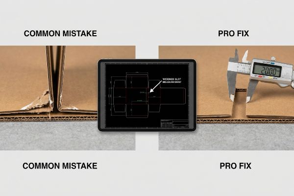 Corrugated cardboard comparison: Common Mistake (tearing narrow slot) vs. Pro Fix (digital caliper 20.00mm widened slot).