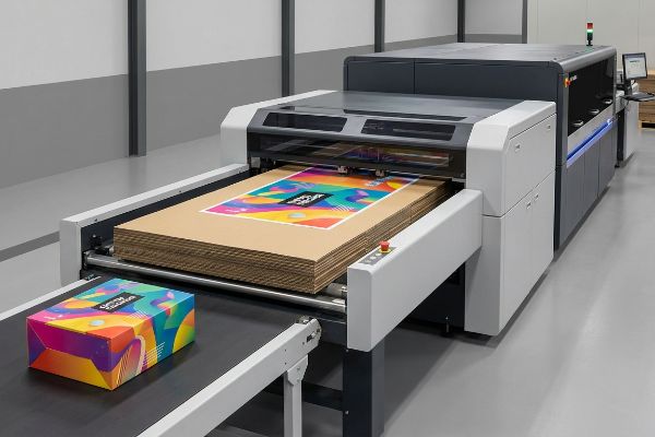 Folhas de papelão ondulado marrom são alimentadas em uma impressora digital de embalagens, imprimindo um design abstrato vibrante. Uma caixa finalizada com a inscrição "Soluções de Classe Mundial" fica em uma esteira transportadora.