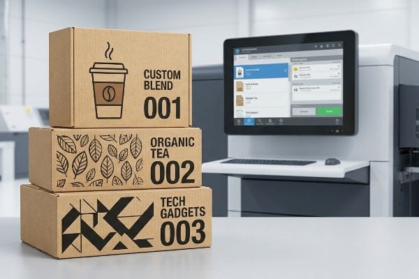 A digital packaging printer displays job files for three custom-printed cardboard boxes: Custom Blend, Organic Tea, and Tech Gadgets.