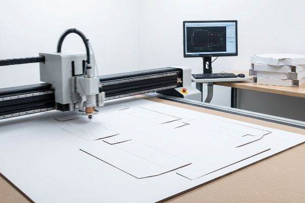 Kongsberg digital cutting table precisely routing a white 32ECT corrugated board prototype, with CAD box design on screen.