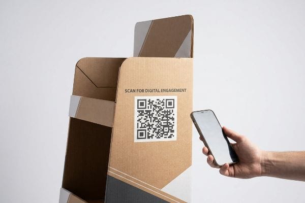 Brown corrugated cardboard display featuring a 'Scan For Digital Engagement' QR code, actively scanned by a smartphone for digital interaction.