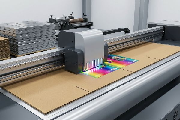 Folhas de papelão ondulado são impressas com designs vibrantes em CMYK por uma impressora digital plana de impressão direta na placa, demonstrando a modernidade na produção de embalagens.