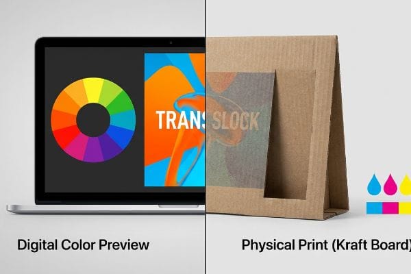 Laptop shows vibrant 'Tran! Slock' digital graphic; kraft board print muted, highlighting CMYK shift.