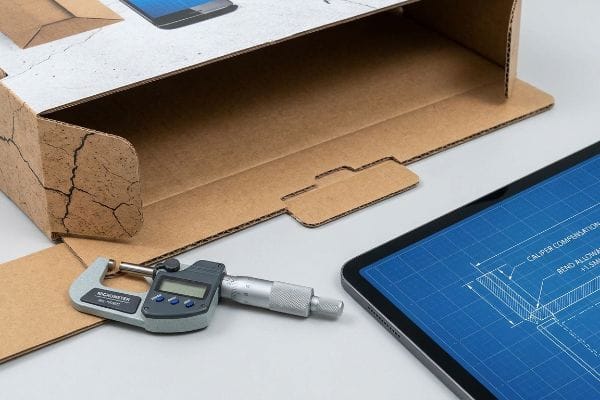 Digital micrometer on corrugated cardboard, next to a tablet showing 'Caliper Compensation' and '+1.5mm Bend Allowance' for packaging.