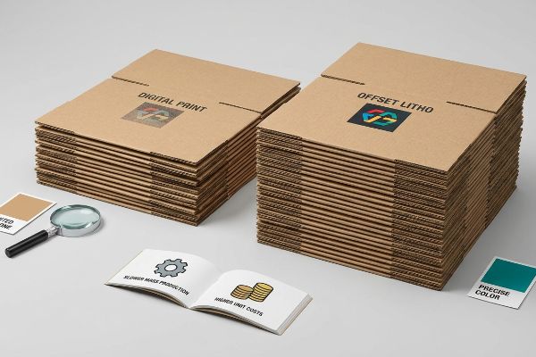 Caixas de papelão ondulado comparando impressão digital e offset, destacando a gama limitada de cores Pantone e os custos unitários mais elevados da impressão digital.