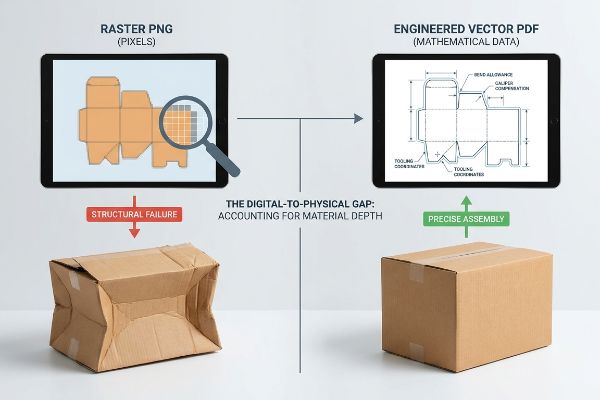 Raster PNG causes Structural Failure; Engineered Vector PDF ensures Precise Assembly, bridging The Digital-to-Physical Gap by accounting for Material Depth.