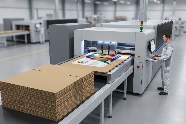 Um operador monitora uma impressora digital que imprime desenhos coloridos em folhas de papelão ondulado, com uma pilha de folhas em branco prontas para processamento.