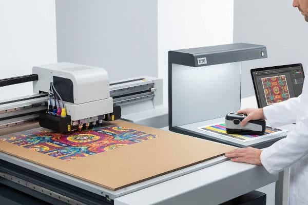 Corrugated board being digitally printed with a vibrant pattern, while a spectrophotometer measures color accuracy under D50 lighting.