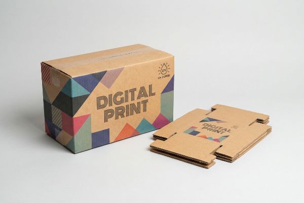 Demonstração de impressão digital em papelão ondulado: uma caixa montada e folhas planas exibem os textos "Impressão Digital" e "Cura UV" com um padrão geométrico.