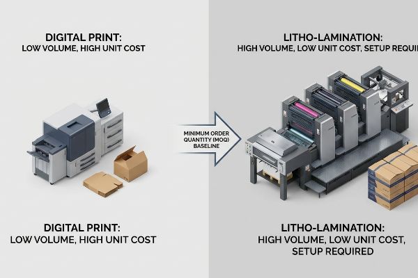 A digital printer for Low Volume, High Unit Cost contrasts with a Litho-Lamination press for High Volume, Low Unit Cost, Setup Required, separated by a Minimum Order Quantity (MOQ) Baseline arrow.