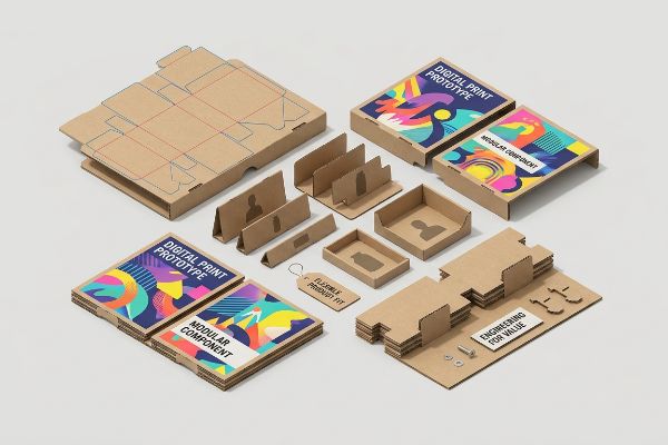 Protótipos modulares de embalagens de papelão, caixas de 'Protótipo de Impressão Digital', modelos planos, 'Adaptação Flexível do Produto', 'Engenharia para Valor'.