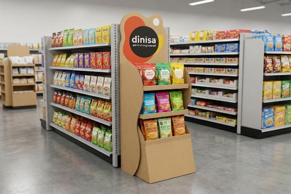 Natural brown corrugated Dinisa Point Of Origin Food POP display, curvy die-cut header, colorful snack pouches.