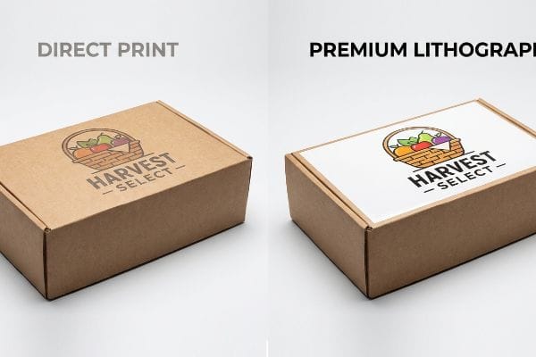 Brown cardboard box with a muted, direct print Harvest Select logo, illustrating basic flexographic printing on raw corrugated material.
