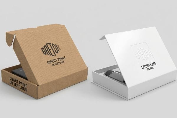 Brown Gretoh Direct Print on Testliner box contrasts with a smooth white Gretoh Litho-Lam on SBS premium packaging.