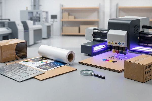 Flatbed UV digital printer applying CMYK liquid polymer ink onto corrugated cardboard, instantly cured by UV lights for Direct Print.
