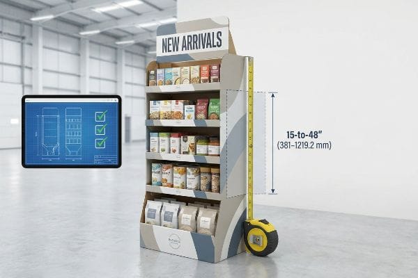 ByFold Designs corrugated display with 'New Arrivals' header, showing 15-to-48 inch (381-1219.2 mm) retail compliance and a blueprint on a tablet.