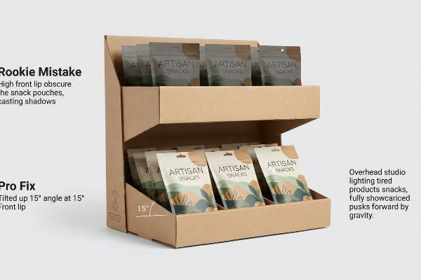 Corrugated cardboard display illustrates 'Rookie Mistake' with obscured 'Artisan Snacks' pouches versus 'Pro Fix' with 15-degree tilted, gravity-fed visibility.