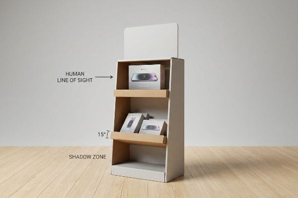 A three-tier cardboard display showcases premium electronics positioned in the Human Line of Sight, with angled 15-degree shelves above the Shadow Zone.