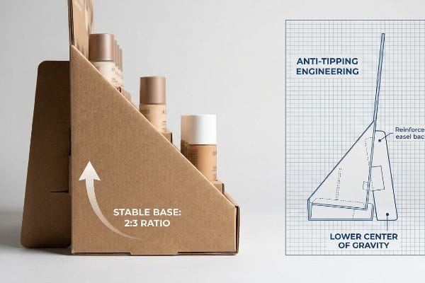 Brown cardboard display with cosmetic bottles, featuring Stable Base: 2:3 Ratio and Anti-Tipping Engineering blueprint for Lower Center of Gravity.