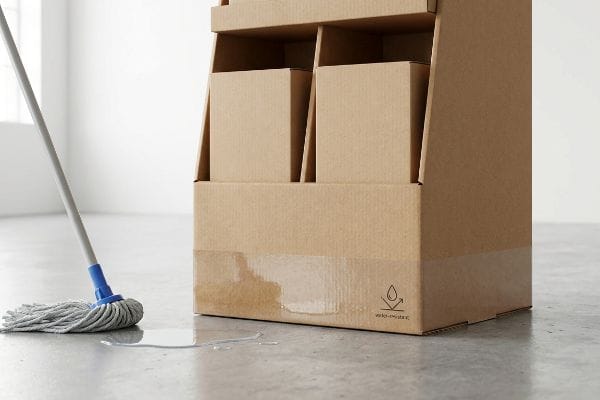 Cardboard POP display with a water-resistant base coating, resisting a floor puddle and wet mop.