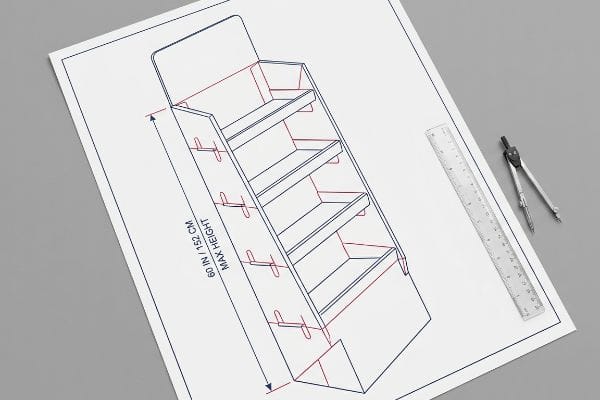 A technical blueprint for a retail display stand, showing five shelves and a maximum height of 60 In / 152 Cm, with a ruler and compass nearby.
