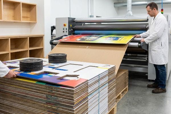 Colorful printed corrugated display board sheets undergo a dead-weight pressure cure with black weights, as a worker feeds another into a litho-laminating machine.