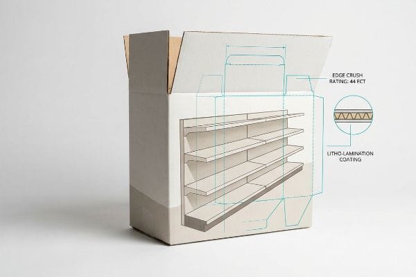 An open corrugated product display box with blue schematics showing internal shelves, highlighting Edge Crush Rating: 44 ECT and Litho-Lamination Coating.