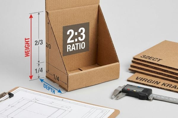 A corrugated cardboard countertop display box, labeled with a '2:3 Ratio' and 'Height' and 'Depth' dimensions, is shown with '32ECT' and 'Virgin Kraft' corrugated sheets and a digital caliper.