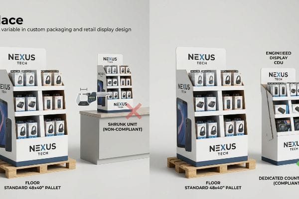 White Nexus Tech 零售展示架将一个不符合规范的缩小柜台单元(用千分尺测量)与一个符合规范的工程展示 CDU 和落地托盘进行了比较。.