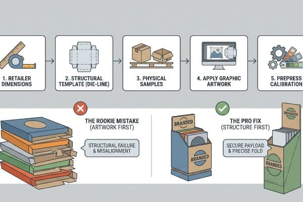 Visual guide to 5 display creation steps: Retailer Dimensions, Structural Template (Die-Line), Physical Samples, Graphic Artwork, Prepress Calibration. Compares 'Artwork First' mistake to 'Structure First' fix for secure corrugated displays.