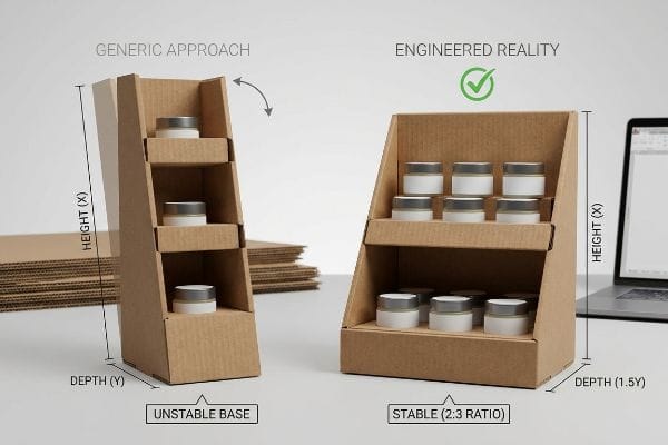 Corrugated cardboard countertop displays compare an Unstable Generic Approach (Depth Y) to a Stable Engineered Reality (Depth 1.5Y), holding lip balm jars.
