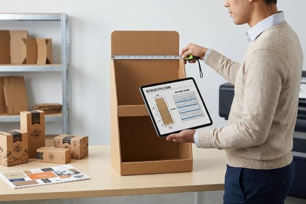 A visual merchandiser measures a corrugated cardboard display, verifying dimensions against a