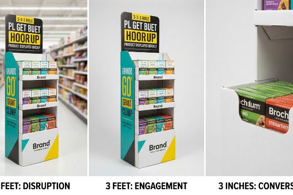 Three panels illustrate the 3-3-3 Rule for PDQ retail displays, showing disruption, engagement, and 3-inch conversion of Brand products like Brochum and Strawthit.