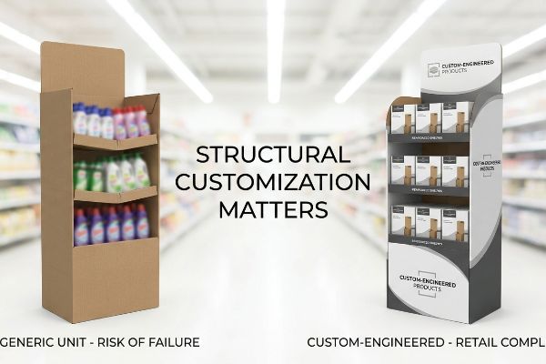 Comparing a generic corrugated sidekick display with cleaning products, labeled 'Generic Unit - Risk of Failure', to a custom-engineered display for 'Custom-Engineered Products' emphasizing 'Structural Customization Matters' and 'Retail Compliance'.
