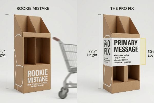 Two cardboard retail displays compare a 48.3-inch Rookie Mistake with a 77.7-inch Pro Fix, highlighting eye-level Primary Message placement.
