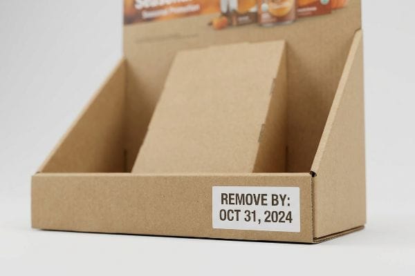 Brown corrugated cardboard display with a white label reading
