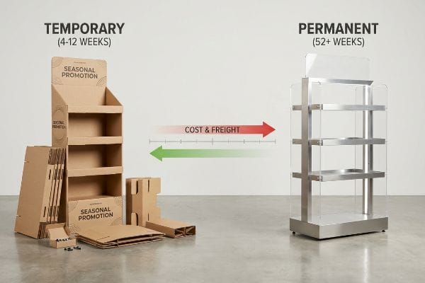 Corrugated temporary display for Seasonal Promotion and a permanent metal-acrylic unit, contrasting Cost & Freight for 4-12 Weeks vs. 52+ Weeks lifespans.