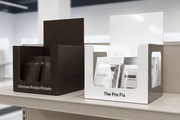 A dark brown cardboard retail display box labeled