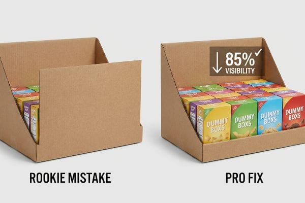 Ein Wellpappendisplay vergleicht die hohe Kante des „Rookie Mistake“-Displays mit der niedrigen Kante des „Pro Fix“-Displays und erreicht dabei eine Sichtbarkeit von 85 % der „Dummy Boxes“.